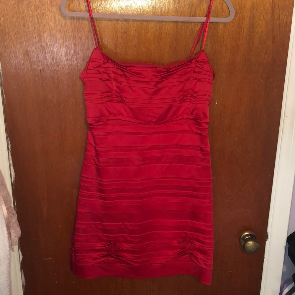Red strapless mini dress